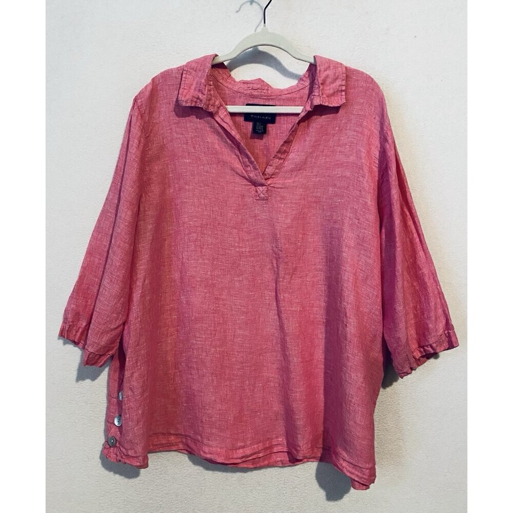 Tahari Top Womens 3X Pink Linen Side Seam Buttons Barbie Lagenlook Boho Beachy